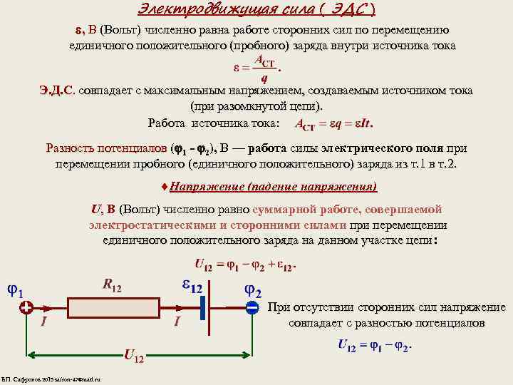 Электродвижущая сила ( ЭДС ) , В (Вольт) численно равна работе сторонних сил по