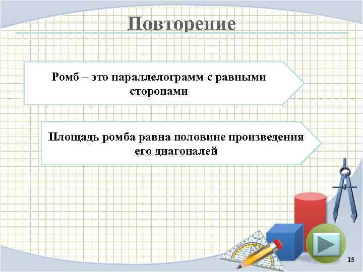 Повторение Ромб – это параллелограмм с равными сторонами Площадь ромба равна половине произведения его