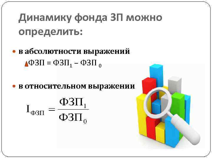 Динамику фонда ЗП можно определить: в абсолютности выражений ФЗП = ФЗП 1 – ФЗП