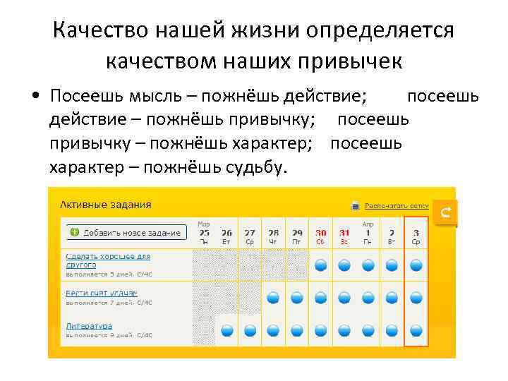 Качество нашей жизни определяется качеством наших привычек • Посеешь мысль – пожнёшь действие; посеешь