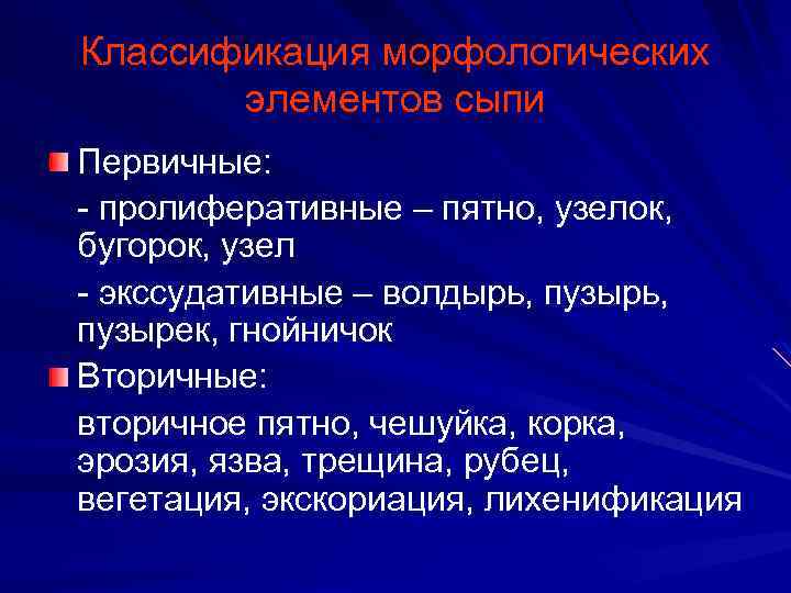 Классификация морфологических элементов сыпи Первичные: - пролиферативные – пятно, узелок, бугорок, узел - экссудативные