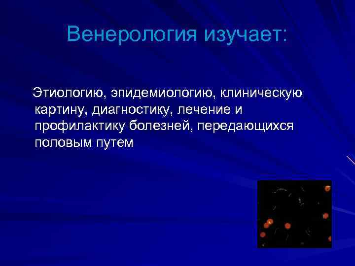 Венерология изучает: Этиологию, эпидемиологию, клиническую картину, диагностику, лечение и профилактику болезней, передающихся половым путем