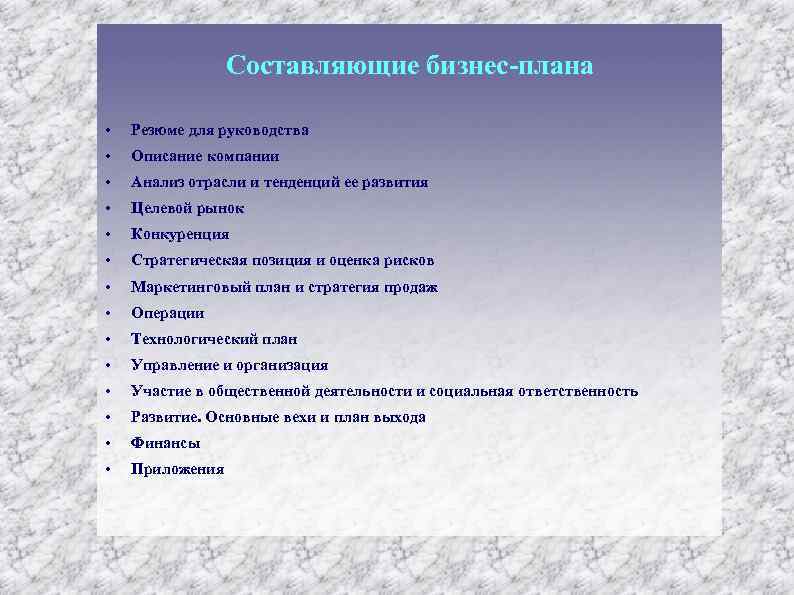 Составляющие бизнес плана • Резюме для руководства • Описание компании • Анализ отрасли и