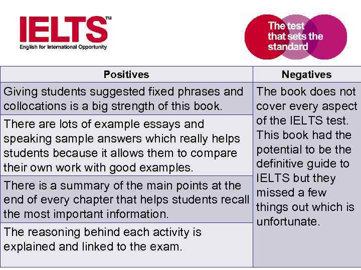 Positives Negatives Giving students suggested fixed phrases and The book does not collocations is