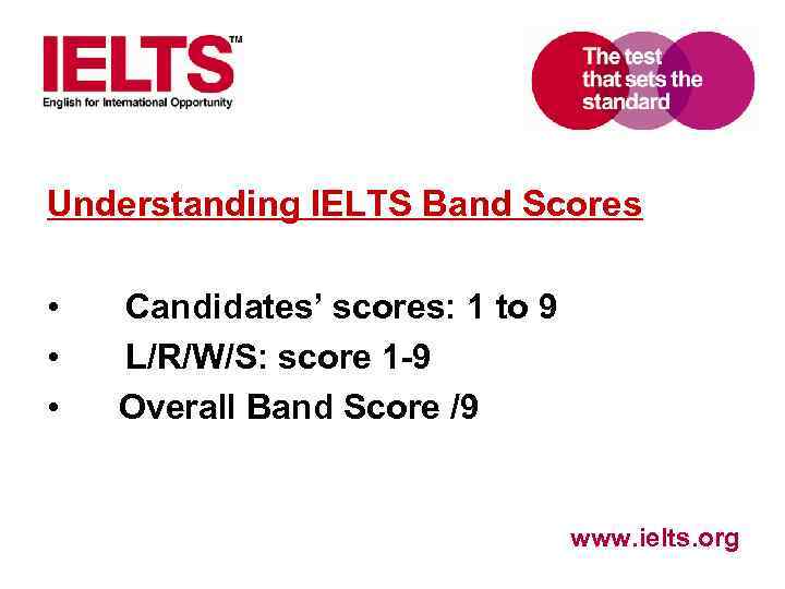 Understanding IELTS Band Scores • • • Candidates’ scores: 1 to 9 L/R/W/S: score