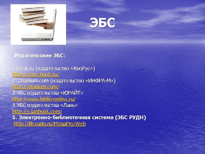 ЭБС Издательские ЭБС: 1. Book. ru (издательство «Кно. Рус» ) http: //www. book. ru/