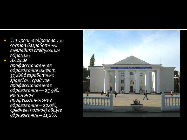  По уровню образования состав безработных выглядит следующим образом: Высшее профессиональное образование имеют 37,