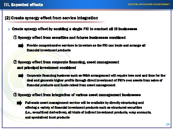 III. Expected effects MINISTRY OF FINANCE AND ECONOMY [2] Create synergy effect from service