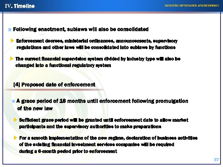 IV. Timeline MINISTRY OF FINANCE AND ECONOMY ■ Following enactment, sublaws will also be