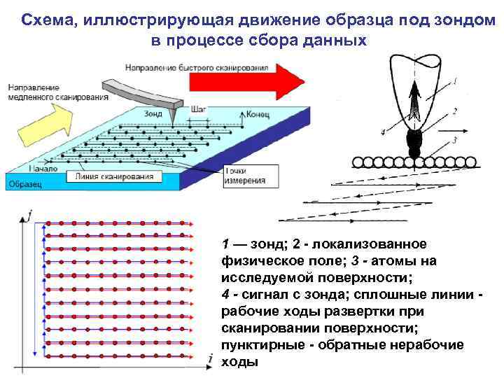 Схема, иллюстрирующая движение образца под зондом в процессе сбора данных 1 — зонд; 2