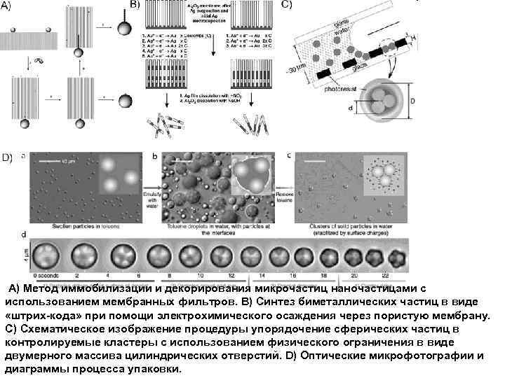  A) Метод иммобилизации и декорирования микрочастиц наночастицами с использованием мембранных фильтров. В) Синтез