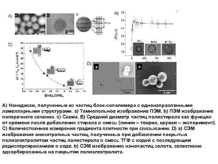 А) Нанодиски, полученные из частиц блок-сополимера с однонаправленными ламеллярными структурами. a) Темнопольное изображение ПЭМ.