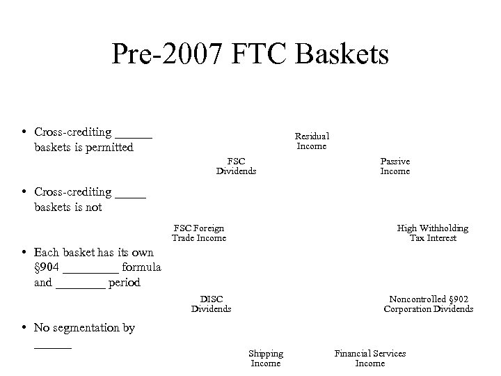 Pre-2007 FTC Baskets • Cross-crediting ______ baskets is permitted Residual Income FSC Dividends Passive