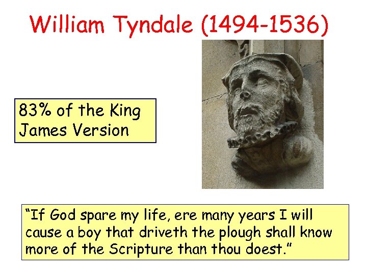 William Tyndale (1494 -1536) 83% of the King James Version “If God spare my