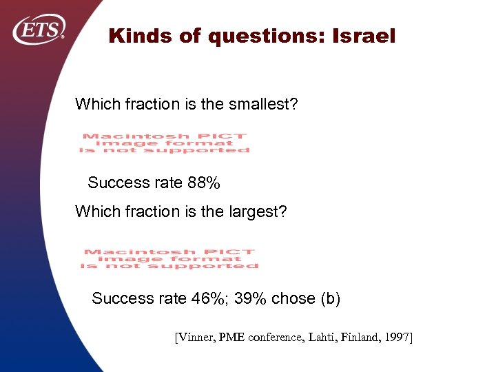 Kinds of questions: Israel Which fraction is the smallest? Success rate 88% Which fraction