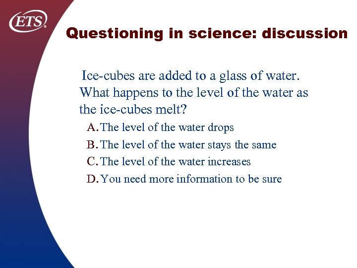 Questioning in science: discussion Ice-cubes are added to a glass of water. What happens