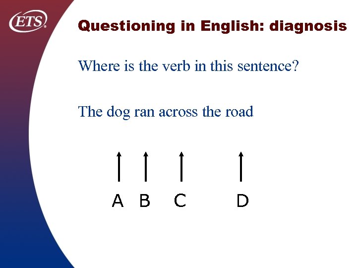 Questioning in English: diagnosis Where is the verb in this sentence? The dog ran