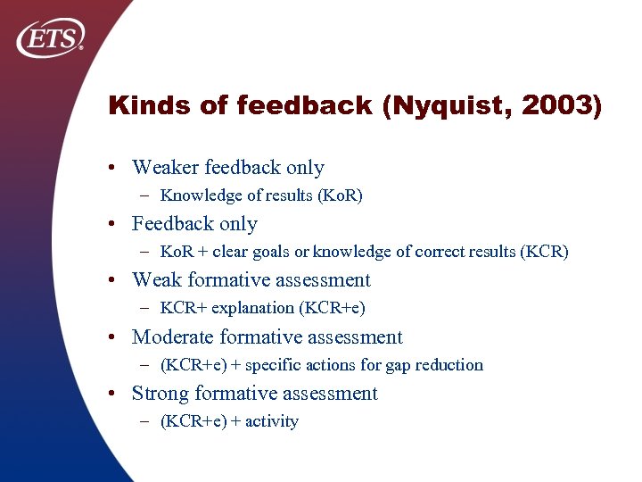 Kinds of feedback (Nyquist, 2003) • Weaker feedback only – Knowledge of results (Ko.