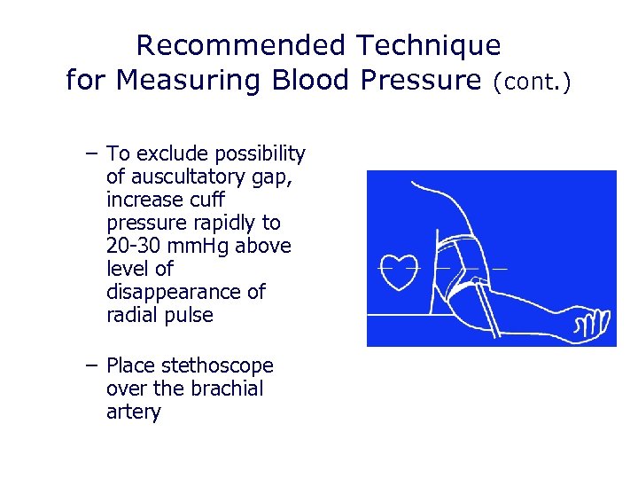 Recommended Technique for Measuring Blood Pressure (cont. ) – To exclude possibility of auscultatory