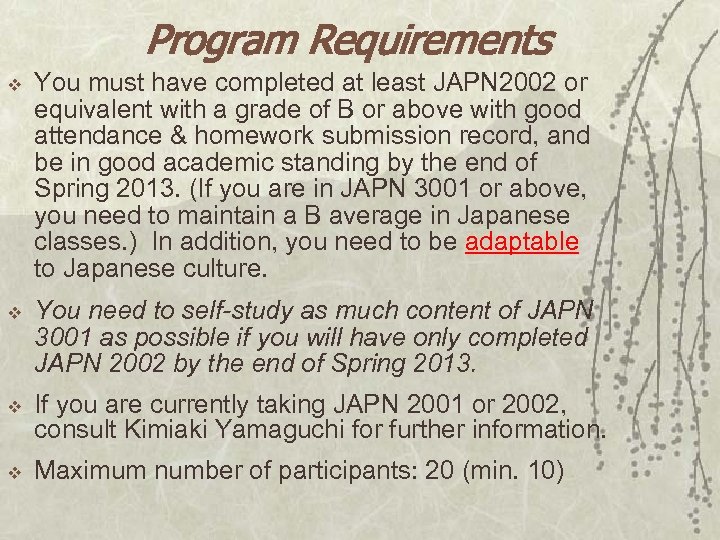 Program Requirements v You must have completed at least JAPN 2002 or equivalent with