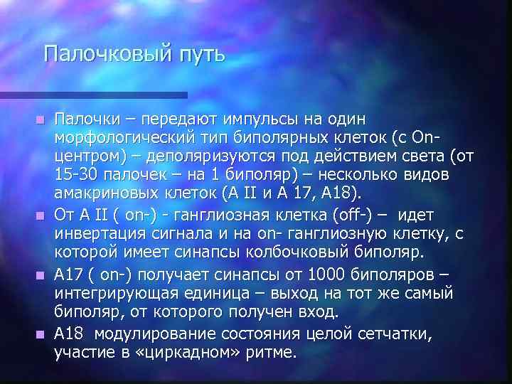 Палочковый путь Палочки – передают импульсы на один морфологический тип биполярных клеток (с Onцентром)