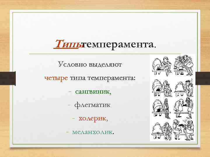 Типы темперамента. Условно выделяют четыре типа темперамента: - сангвиник, - флегматик, - холерик, -