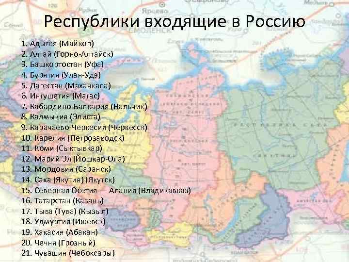 Республики входящие в Россию 1. Адыгея (Майкоп) 2. Алтай (Горно-Алтайск) 3. Башкортостан (Уфа) 4.