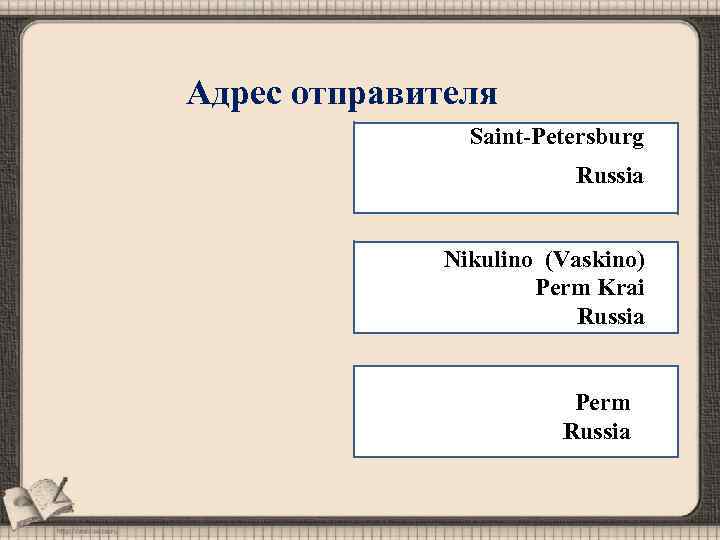 Адрес отправителя Saint-Petersburg Russia Nikulino (Vaskino) Perm Krai Russia Perm Russia 