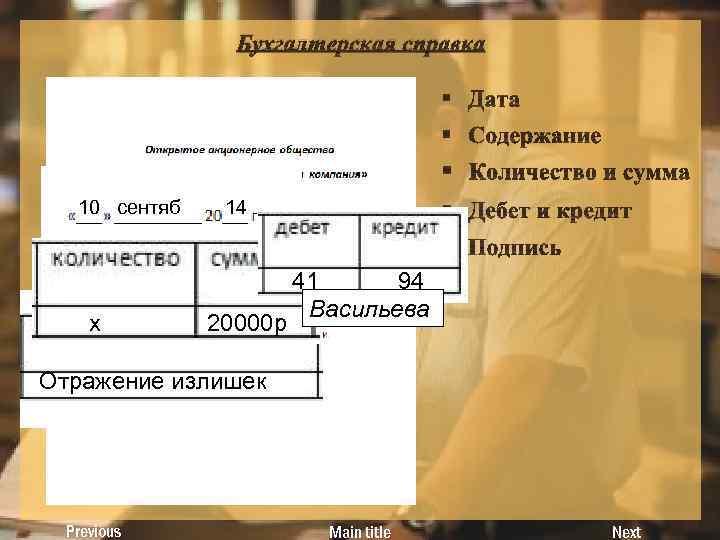 Бухгалтерская справка 10 сентяб х 14 20000 р 41 94 Васильева Отражение излишек Previous