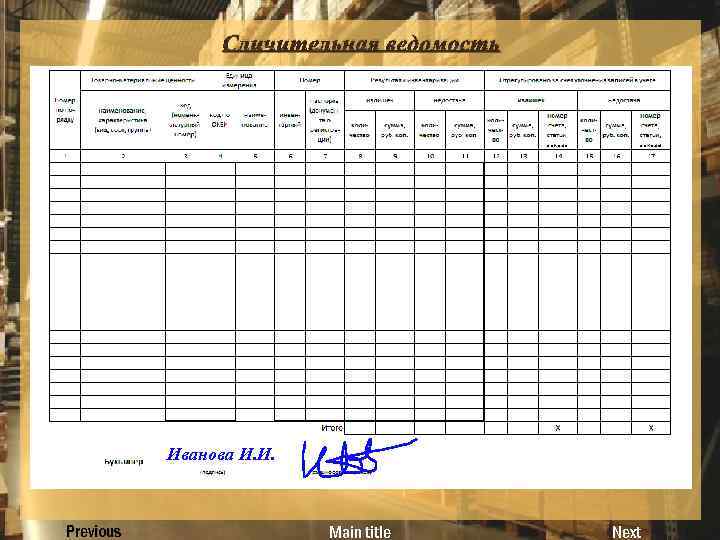 Сличительная ведомость Иванова И. И. Previous Main title Next 