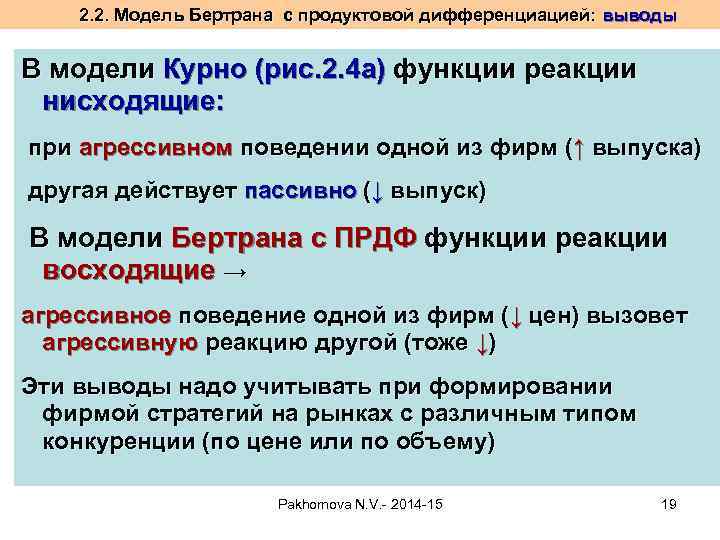 2. 2. Модель Бертрана с продуктовой дифференциацией: выводы В модели Курно (рис. 2. 4