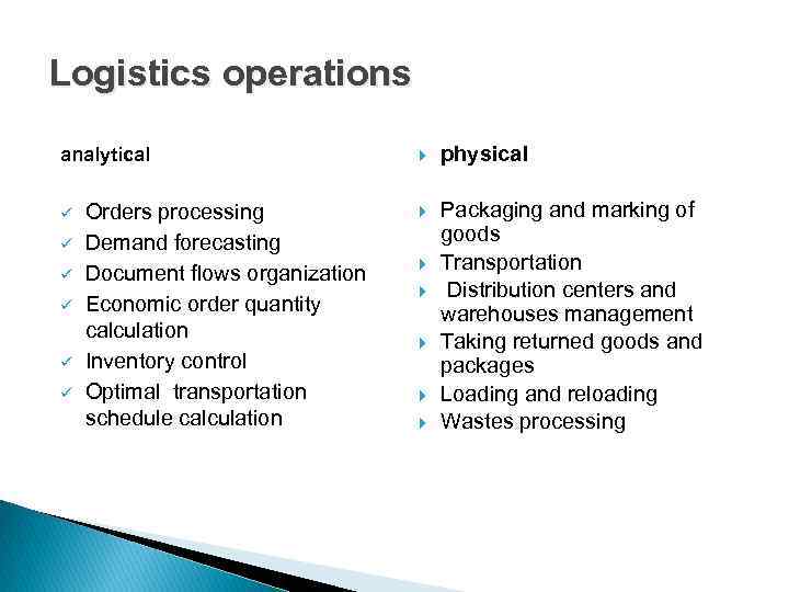 Logistics operations analytical ü ü ü Orders processing Demand forecasting Document flows organization Economic