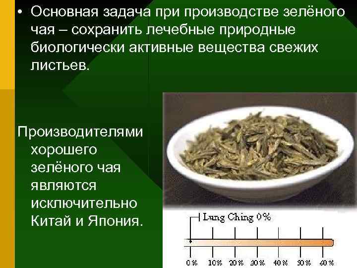  • Основная задача при производстве зелёного чая – сохранить лечебные природные биологически активные