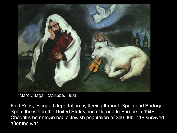 Marc Chagall, Solitude, 1933 Fled Paris, escaped deportation by fleeing through Spain and Portugal