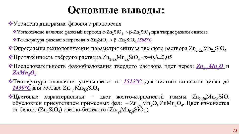 Основные выводы: v. Уточнена диаграмма фазового равновесия v. Установлено наличие фазовый переход α-Zn 2