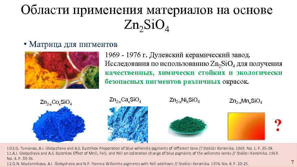 Области применения материалов на основе Zn 2 Si. O 4 • Матрица для пигментов