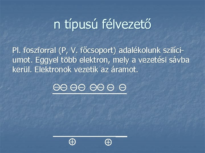 n típusú félvezető Pl. foszforral (P, V. főcsoport) adalékolunk szilíciumot. Eggyel több elektron, mely