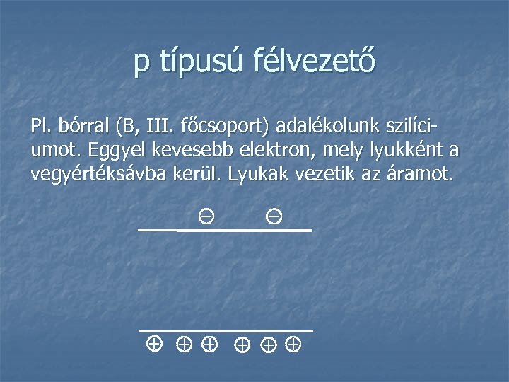 p típusú félvezető Pl. bórral (B, III. főcsoport) adalékolunk szilíciumot. Eggyel kevesebb elektron, mely