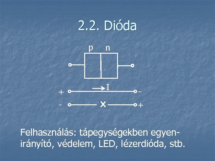 2. 2. Dióda p + - n I + Felhasználás: tápegységekben egyenirányító, védelem, LED,