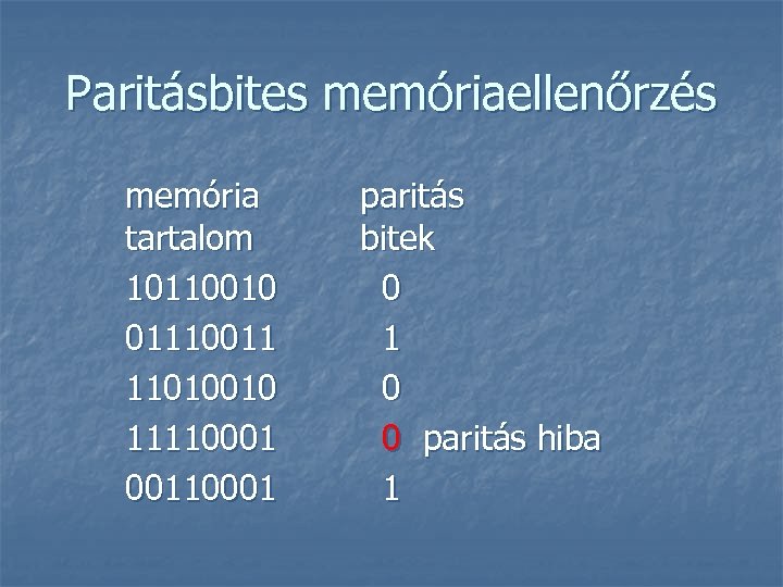 Paritásbites memóriaellenőrzés memória tartalom 10110010 01110011 11010010 11110001 00110001 paritás bitek 0 1 0