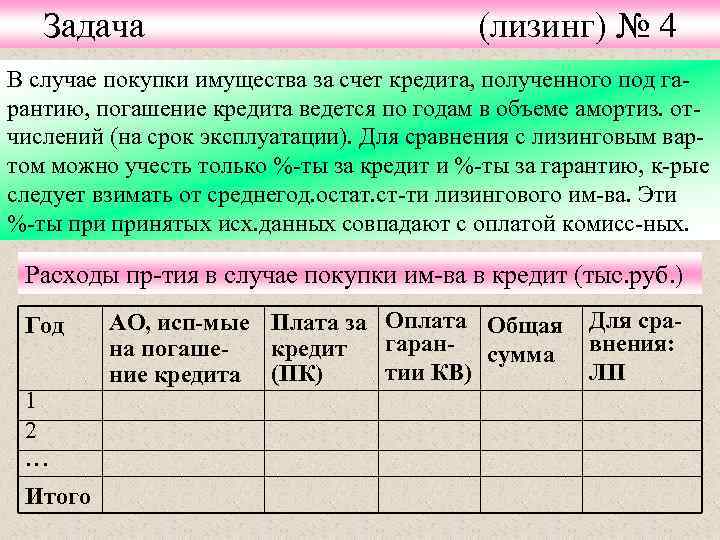 Задача (лизинг) № 4 В случае покупки имущества за счет кредита, полученного под гарантию,