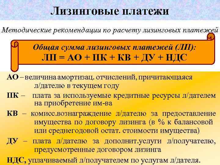 Платежи по лизингу. Лизинговые платежи. Структура лизингового платежа. Составляющие лизингового платежа. Сумма лизинговых платежей.