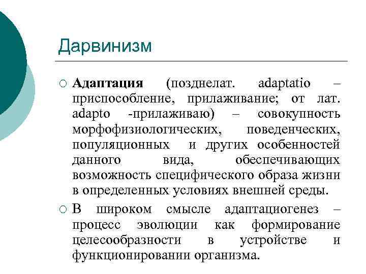 Дарвинизм ¡ ¡ Адаптация (позднелат. adaptatio – приспособление, прилаживание; от лат. adapto -прилаживаю) –