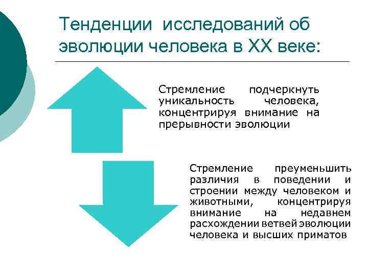 Тенденции исследований об эволюции человека в ХХ веке: Стремление подчеркнуть уникальность человека, концентрируя внимание