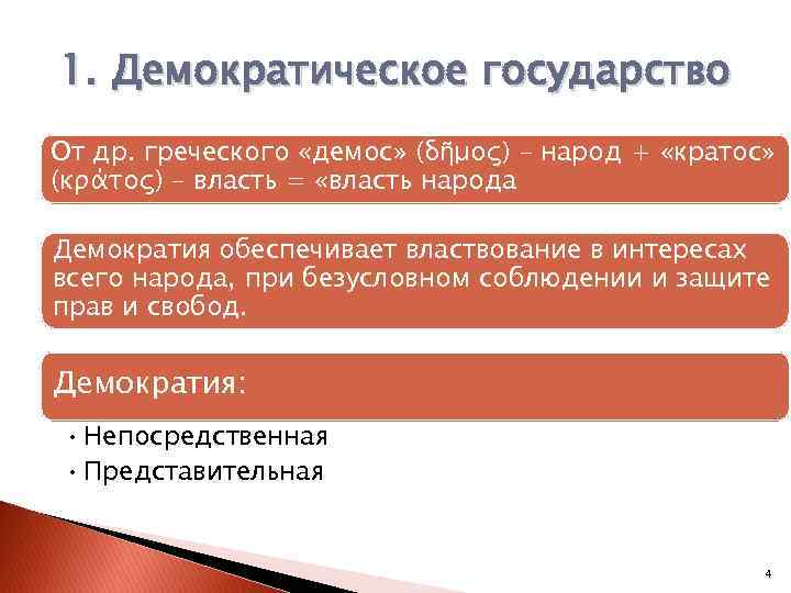 1. Демократическое государство От др. греческого «демос» (δῆμος) – народ + «кратос» (κράτος) –