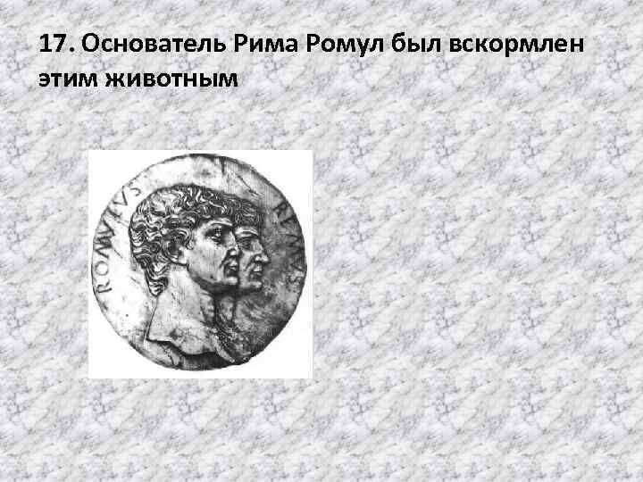 17. Основатель Рима Ромул был вскормлен этим животным 