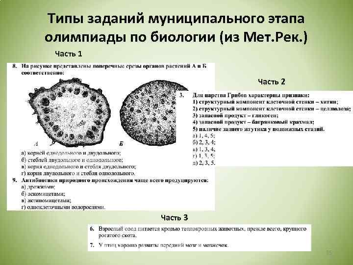 Типы заданий муниципального этапа олимпиады по биологии (из Мет. Рек. ) Часть 1 Часть