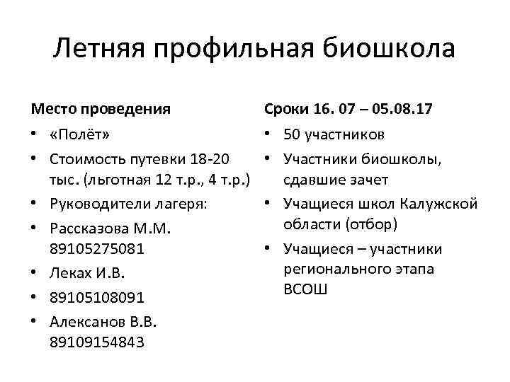 Летняя профильная биошкола Место проведения Сроки 16. 07 – 05. 08. 17 • «Полёт»
