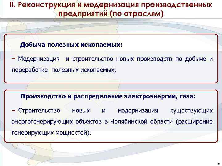 II. Реконструкция и модернизация производственных предприятий (по отраслям) Добыча полезных ископаемых: – Модернизация и