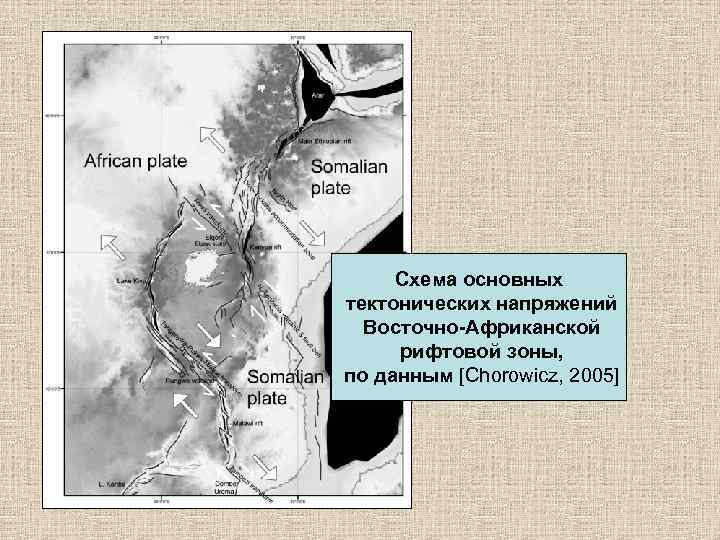 Схема основных тектонических напряжений Восточно-Африканской рифтовой зоны, по данным [Chorowicz, 2005] 